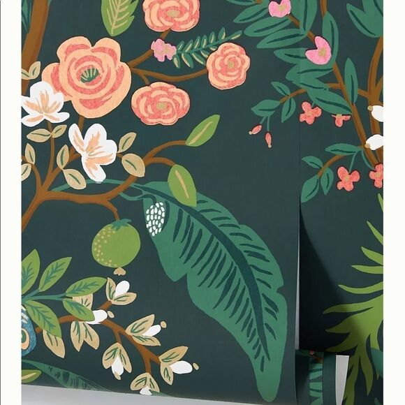 New Anthropologie Rifle Paper Peacock Wallpaper Emerald - Picture 2 of 5